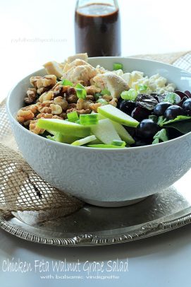 A Bowl of Chicken Feta Salad on a Metal Serving Tray