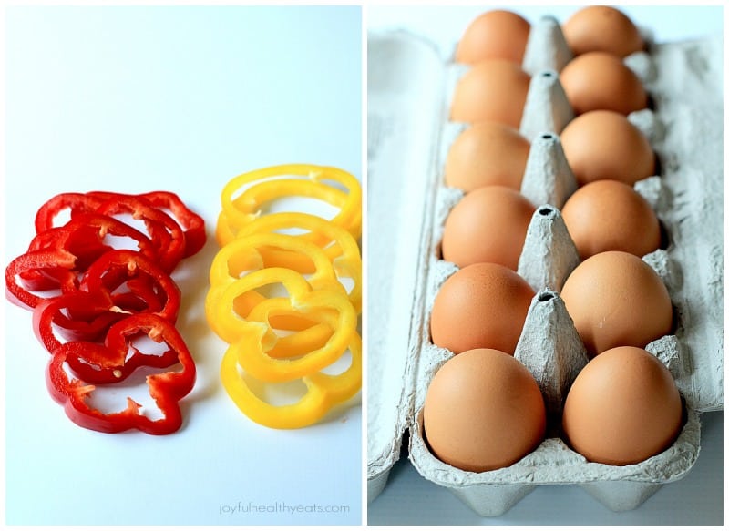 Collage of bell pepper rings and a dozen eggs
