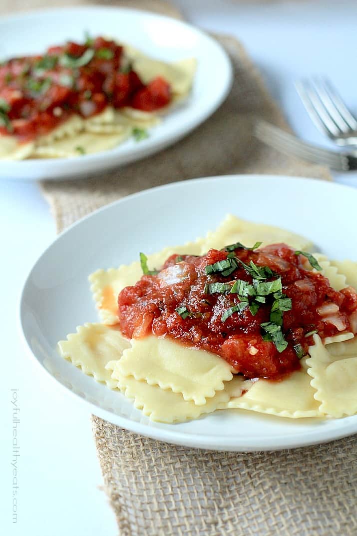 Four Cheese Ravioli with Homemade Marinara Sauce in a pasta bowl