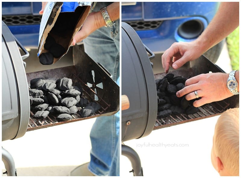 Collage of charcoal briquettes on a grill 