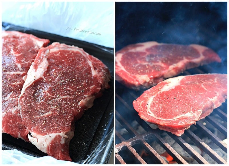 Collage of seasoned raw ribeye steaks on a grill