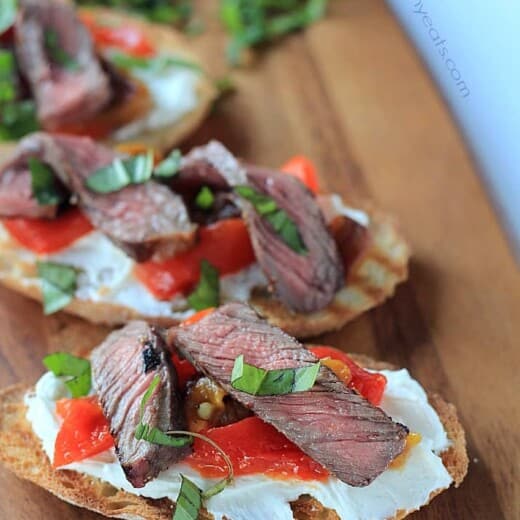 Grilled Ribeye & Roasted Pepper Bruschetta with Whipped Goat Cheese, the ultimate mouth watering appetizer! | www.joyfulhealthyeats.com