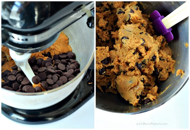 A collage of two images of dark chocolate chips being mixed into the batter