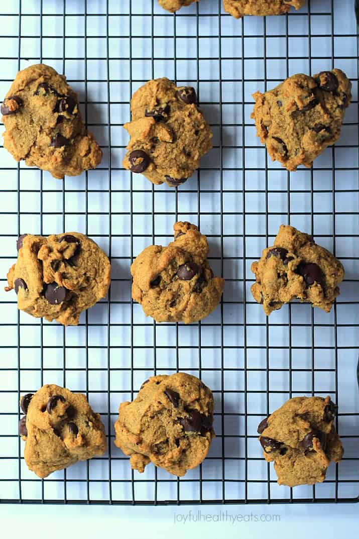 Nine pumpkin chocolate chip cookies lined up on a wire cooling rack