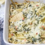 casserole dish with creamy spinach dip