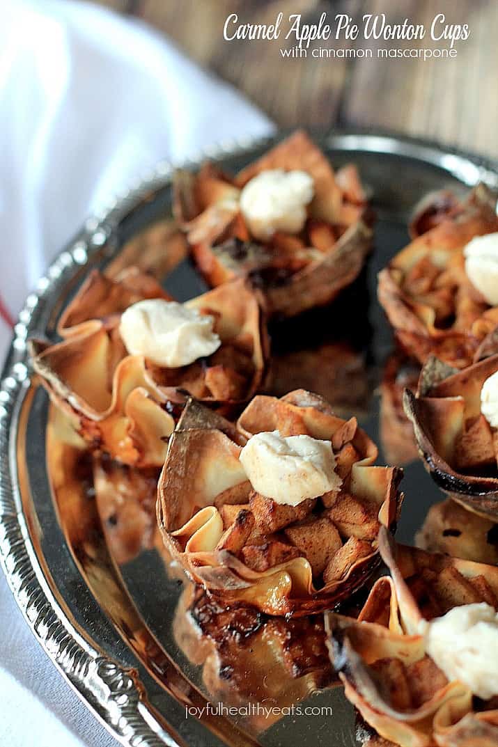 Caramel Apple Pie Wonton Cups with Cinnamon Mascarpone on a silver platter