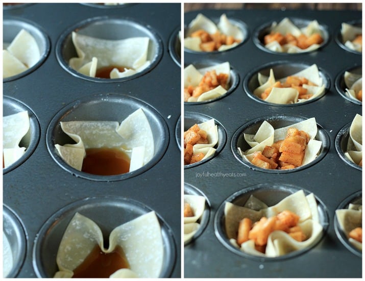 Muffin tins filled with ingredients for Caramel Apple Pie Wonton Cups