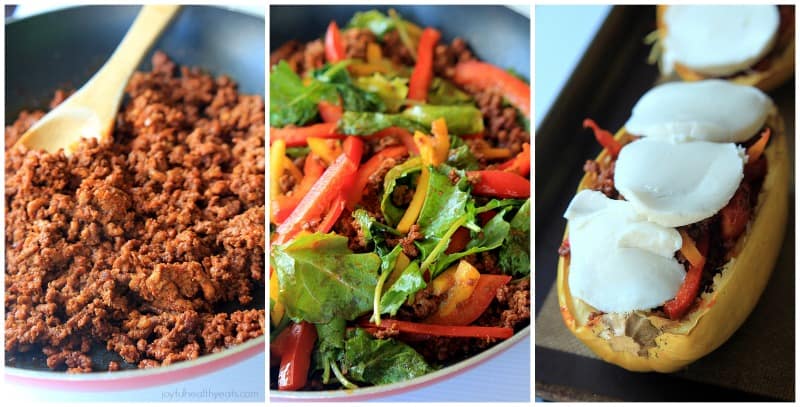 A collage of steps to prepare Chorizo Kale & Pepper Stuffed Spaghetti Squash Boats recipe