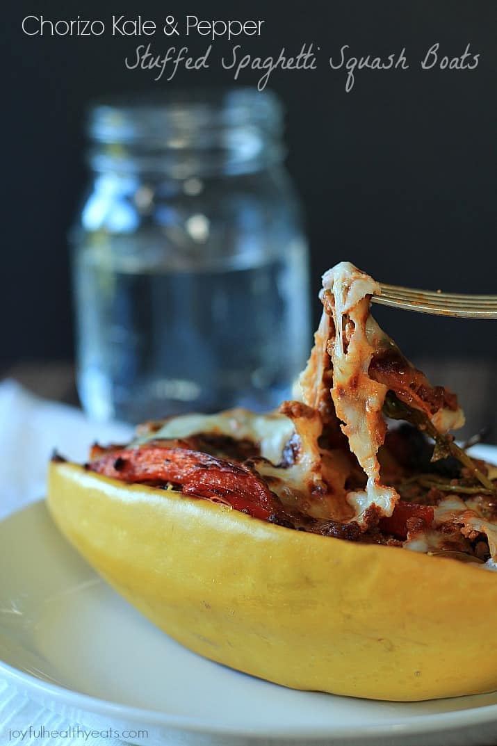 Close-up of Chorizo Kale & Pepper Stuffed Spaghetti Squash Boat topped with melted cheese