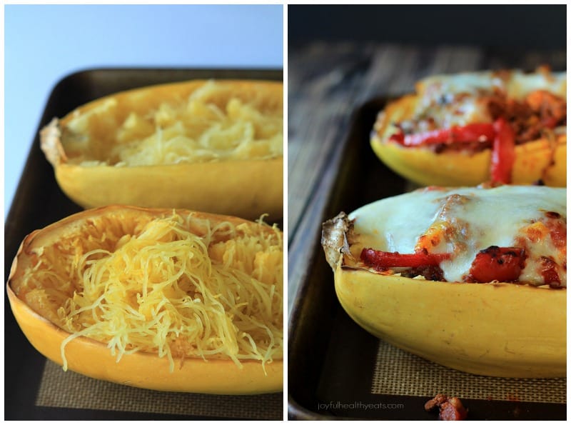 A collage of spaghetti squash halves and Chorizo Kale & Pepper Stuffed Spaghetti Squash Boats on baking sheets