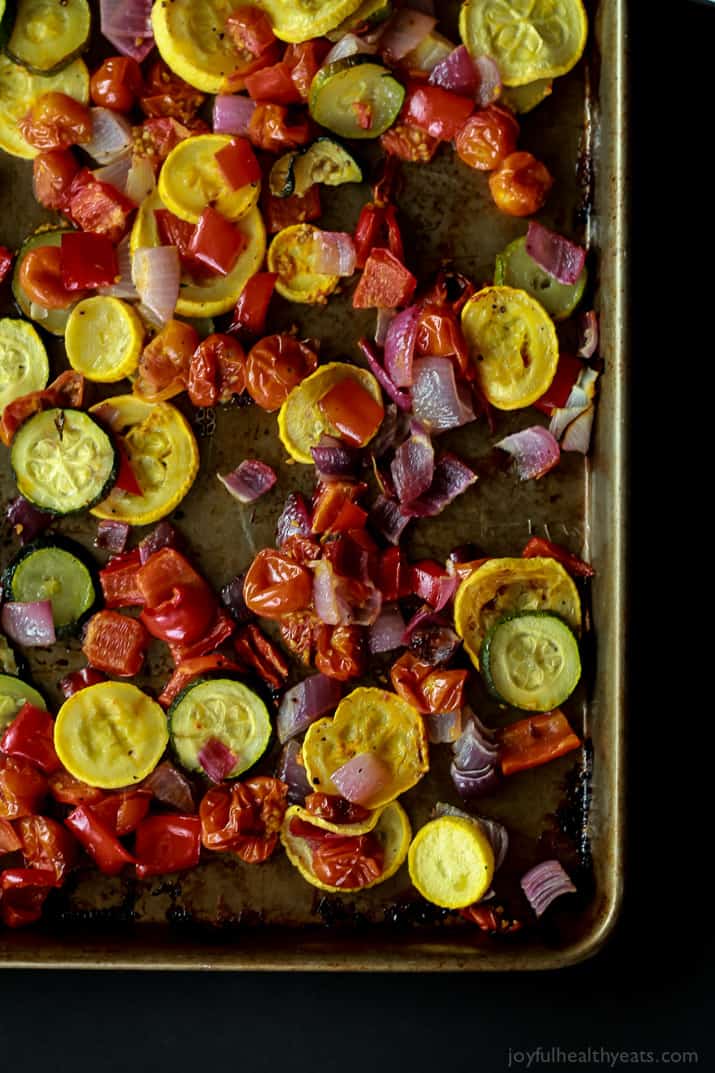 Roasted Vegetables Spread Out on a Baking Sheet