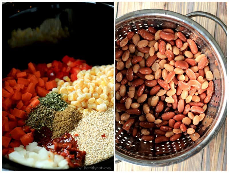 Crock pot vegetarian chili ingredients in the slow cooker and beans in a colander