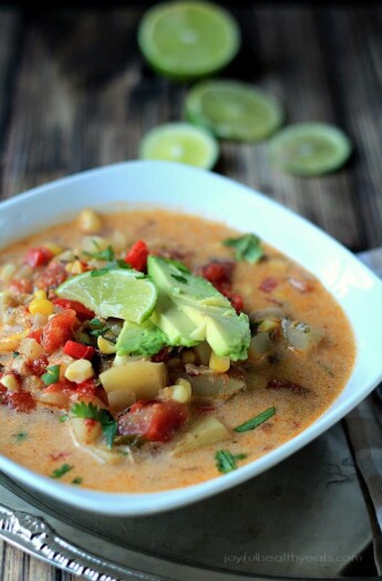 A Bowl of Crock Pot Southwestern Corn & Potato Chowder with Lime Slices