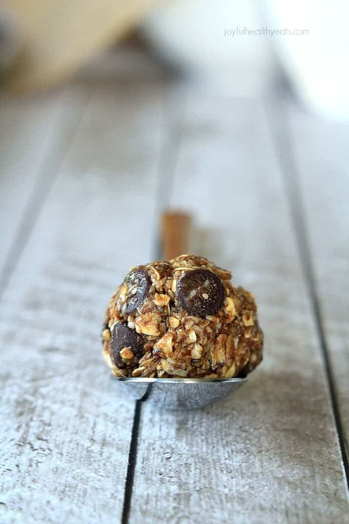 Image of a No Bake Dark Chocolate Coconut Energy Bite on a Spoon