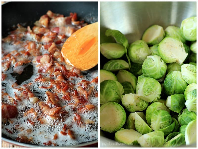 Pan Sauteed Brussels Sprouts with sweet Caramelized Onions and salty crispy Bacon, the ultimate holiday side dish recipe! | www.joyfulhealthyeats.com #ALDIholiday #paleo #glutenfree