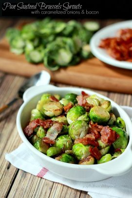A Crock of Sauteed Brussels Sprouts with Caramelized Onions & Bacon on Top