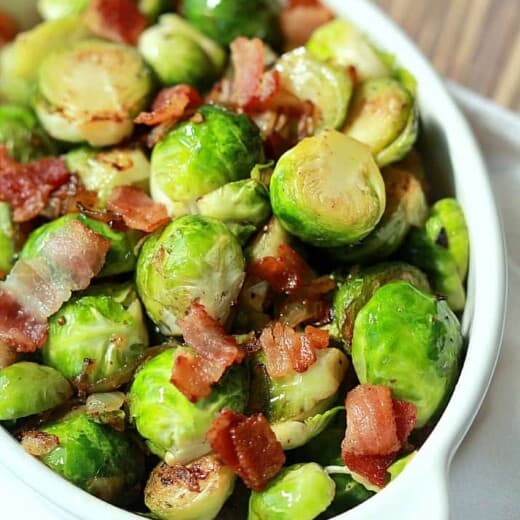 Image of Pan Sauteed Brussels Sprouts with Caramelized Onions & Bacon