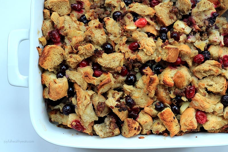 Sausage Cranberry Maple Stuffing in a White Serving Dish