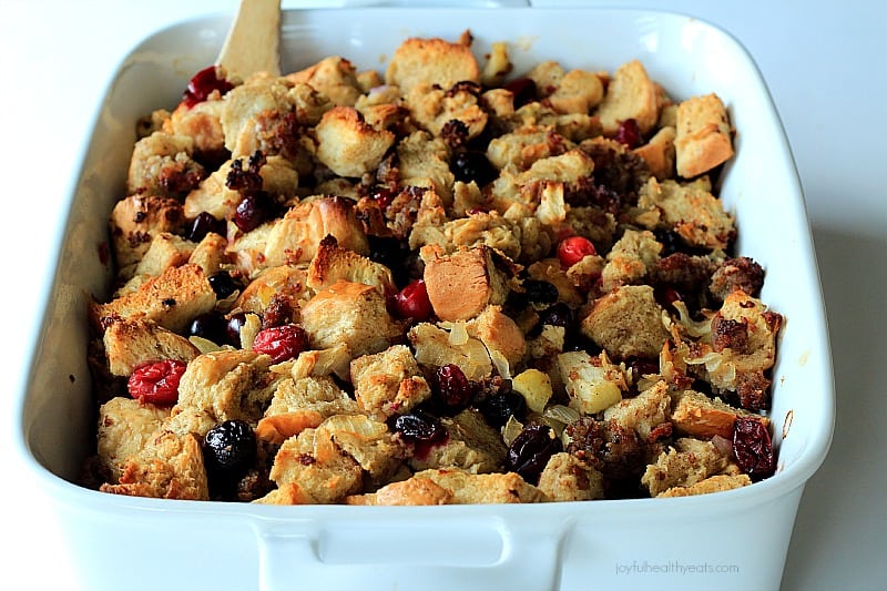A baking dish of Cranberry Maple Sausage Stuffing