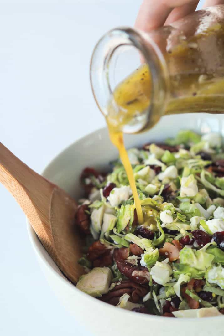 You need this Salad in your life & on the table! Shaved Brussels Sprouts Harvest Salad with Hard Apple Cider Vinaigrette | www.joyfulhealthyeats.com #thanksgiving #healthy 