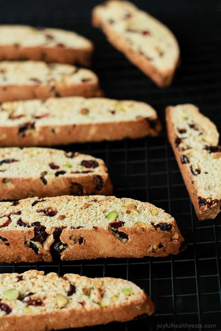 Pieces of Cranberry Pistachio Biscotti on a Cooling Rack