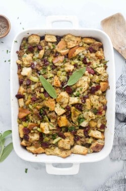 Cranberry sausage stuffing in the baking pan.