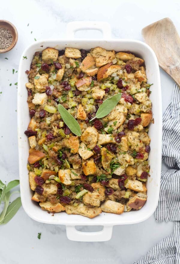 Cranberry sausage stuffing in the baking pan.