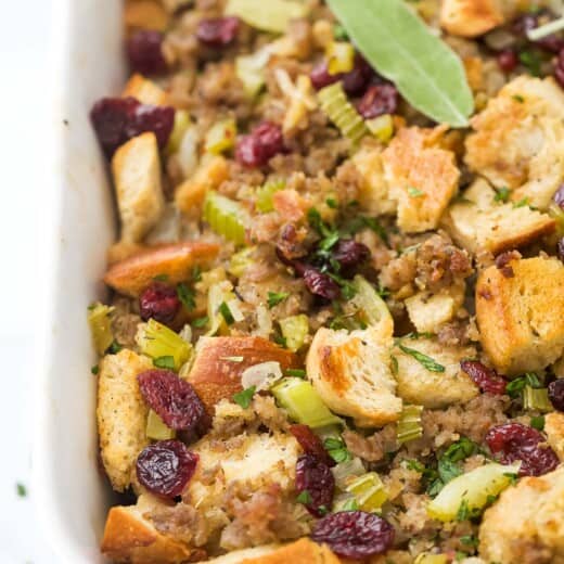 Stuffing in a baking pan.