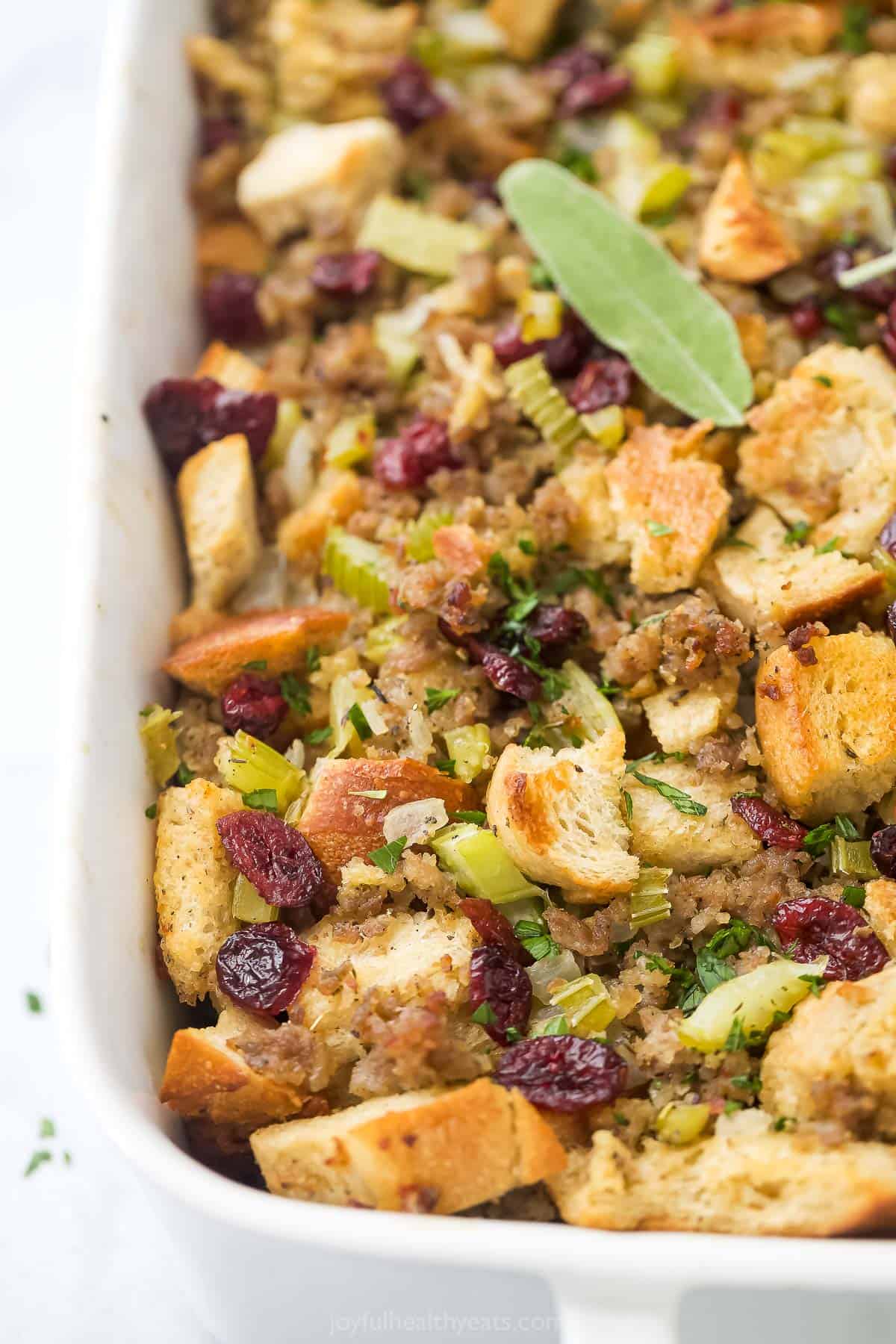 Stuffing in a baking pan.