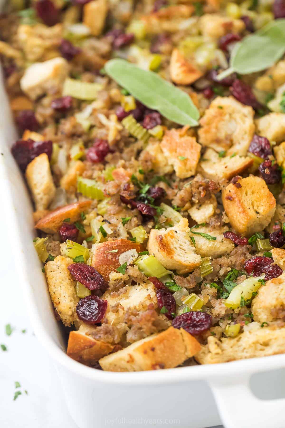 Angled photo of cranberry sausage stuffing. 