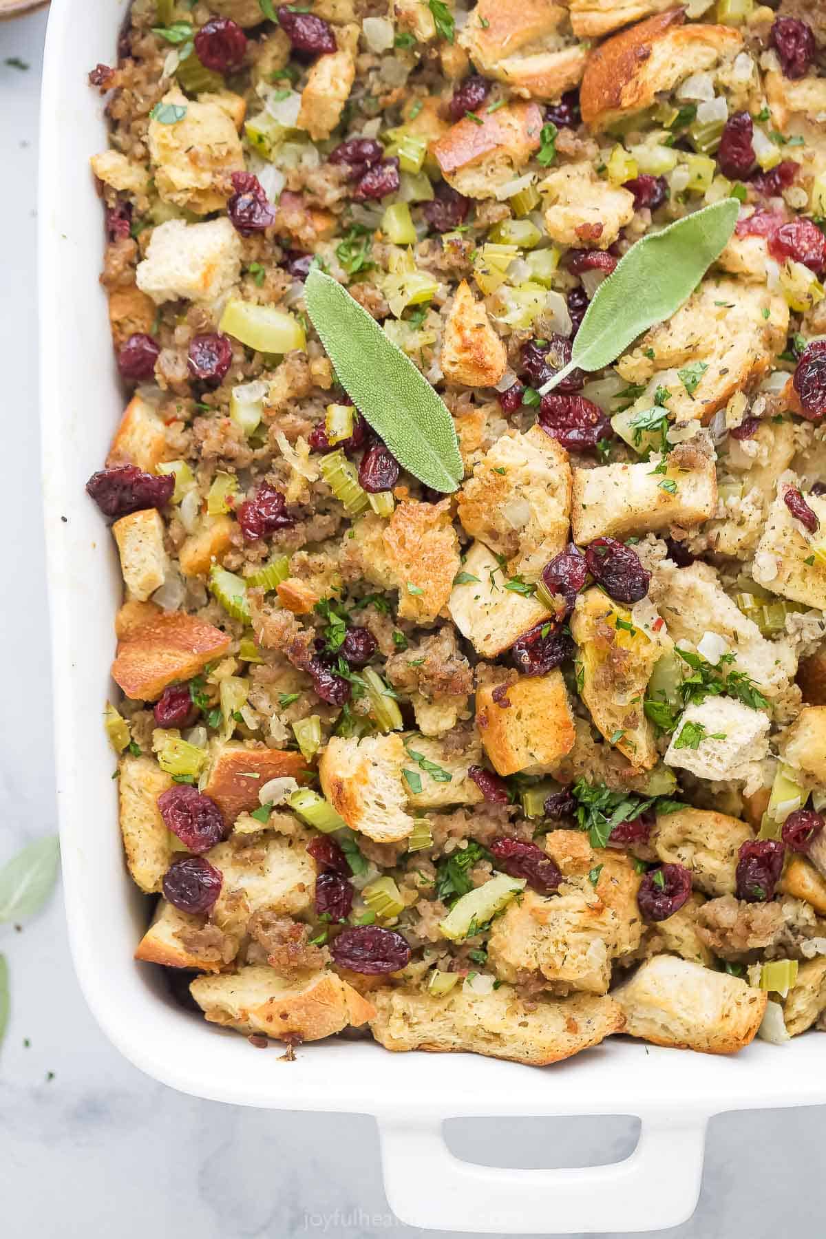 Overhead photo of stuffing in the baking pan. 