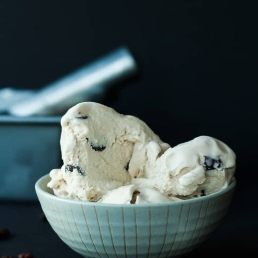 Espresso Ice Cream with Chocolate Chips in a Teal Bowl