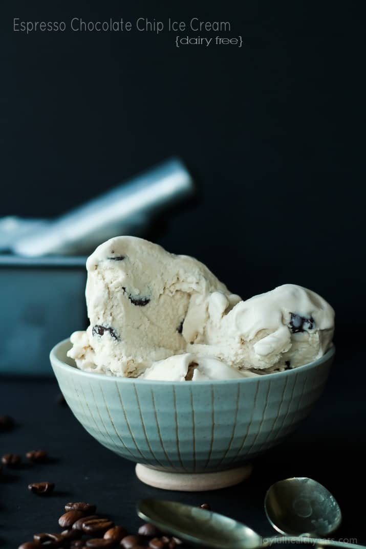 Espresso Ice Cream with Chocolate Chips in a Teal Bowl