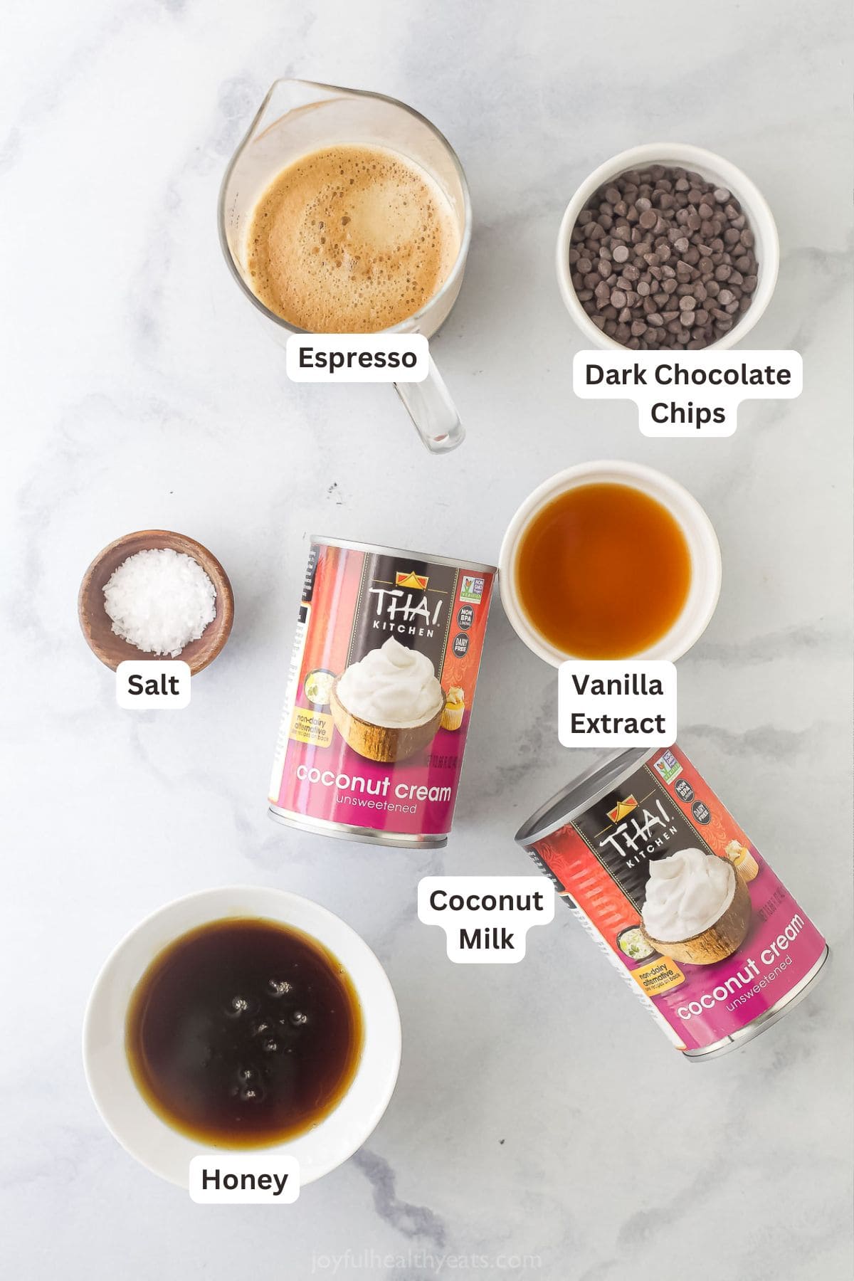 This dairy-free Espresso Ice Cream is full of coffee flavor and dotted with chocolate chips—because everything’s better with chocolate! Overhead view of ingredients for espresso ice cream with chocolate chips