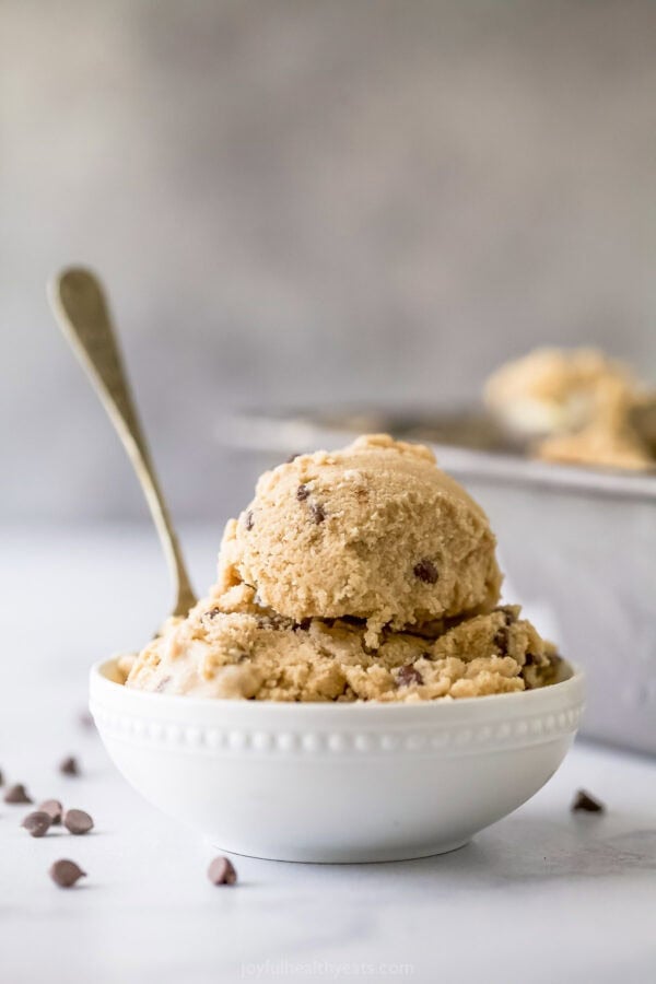 Bowl of espresso chip ice cream with spoon