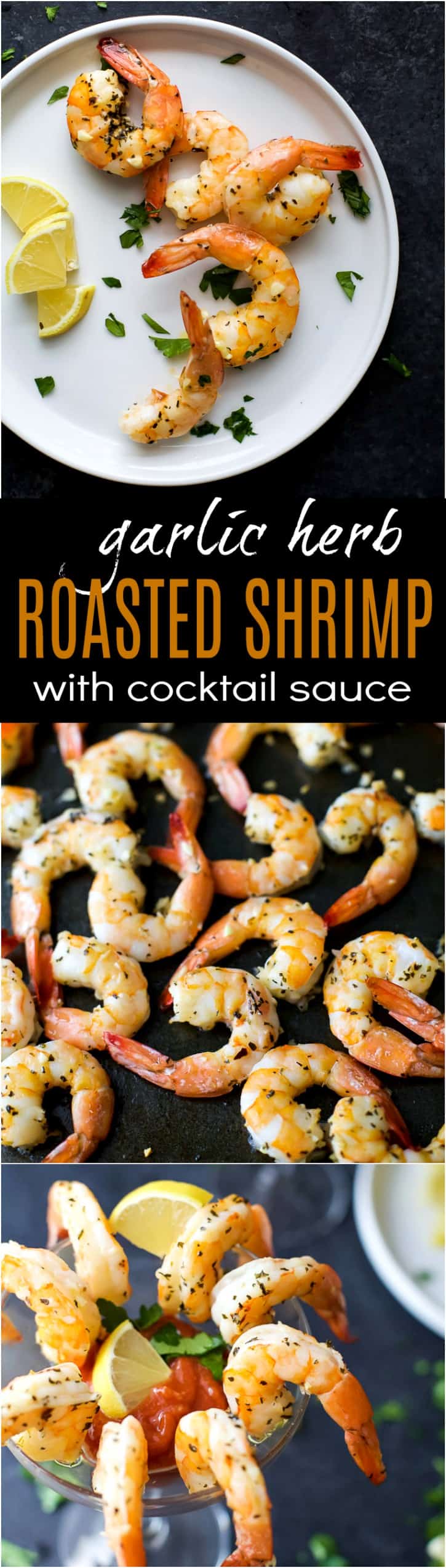 Recipe collage for Garlic Herb Roasted Shrimp with Cocktail Sauce