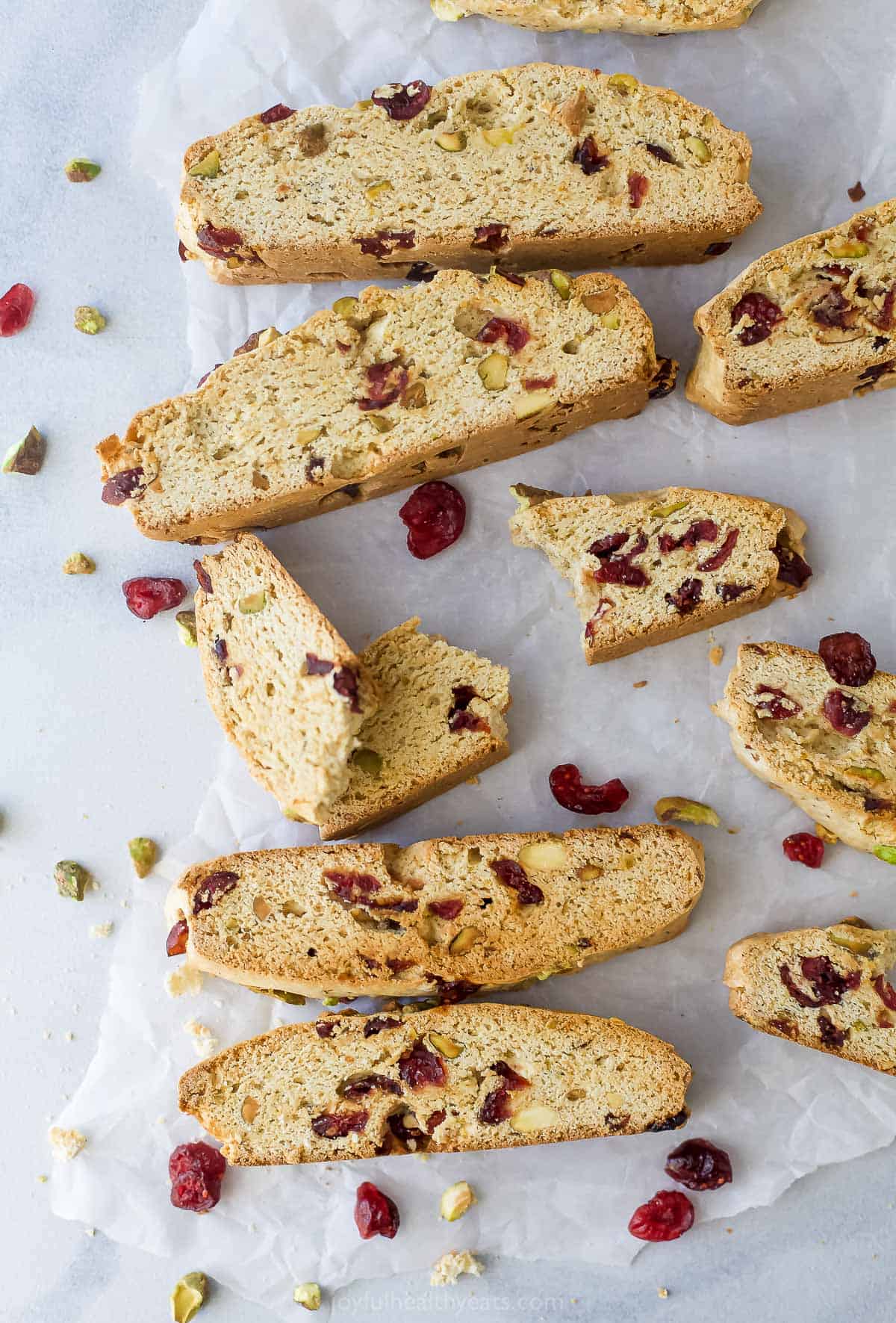 A bird's-eye view of biscotti cookies on a kitchen countertop