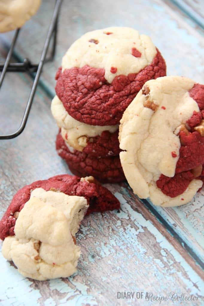 A Pile of Red Velvet and White Cake Mix Cookies