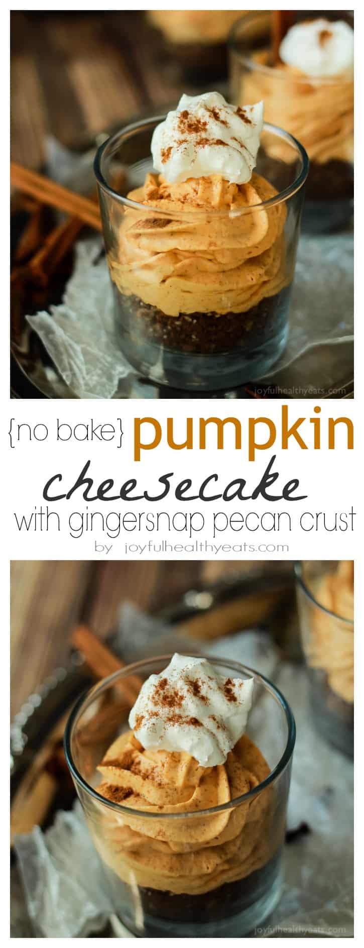 A Collage Containing Two Pictures of Single-Serving Pumpkin Cheesecakes Garnished with Cinnamon