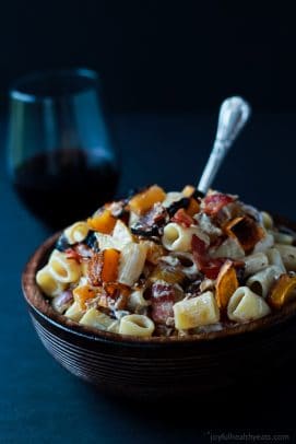 A bowl of Roasted Butternut Squash & Goat Cheese Pasta. Totally fell in love with all the flavors! Pin it, make it, now! | www.joyfulhealthyeats.com