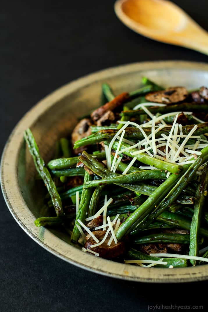 A much healthier version of Green Bean Casserole, fresh green beans & mushrooms mixed with thyme and lemon juice. | www.joyfulhealthyeats.com