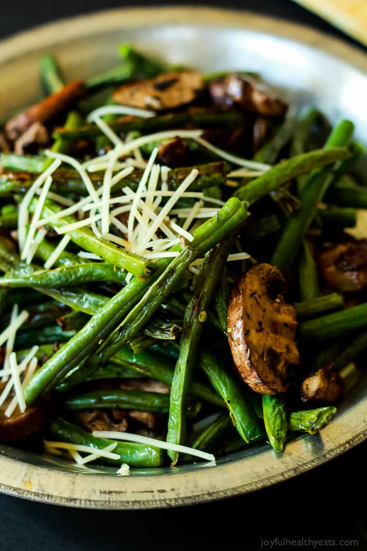 A much healthier version of Green Bean Casserole, fresh green beans & mushrooms mixed with thyme and lemon juice. | www.joyfulhealthyeats.com