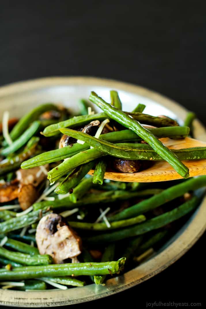 A much healthier version of Green Bean Casserole, fresh green beans & mushrooms mixed with thyme and lemon juice. | www.joyfulhealthyeats.com