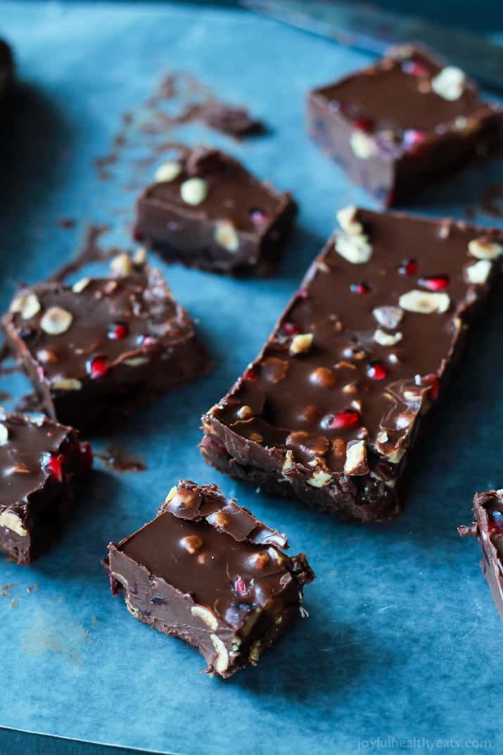 A guilt free holiday classic made "skinny"! This Dark Chocolate Pomegranate Hazelnut Fudge is seriously so good, you need to make it! | www.joyfulhealthyeats.com