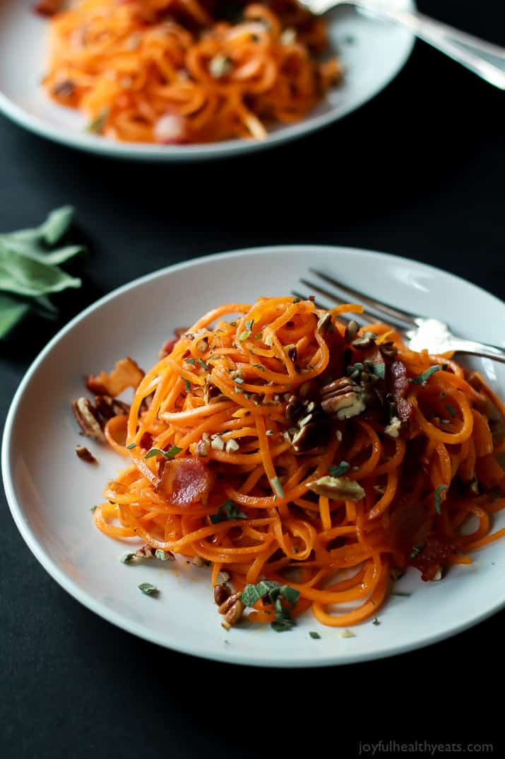 Homemade Sweet Potato Noodles, Brown Butter Sauce, Pecans, and Bacon... what more could you ask for? | www.joyfulhealthyeats.com