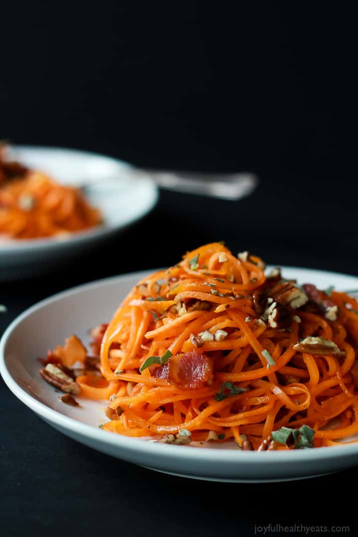 Homemade Sweet Potato Noodles, Brown Butter Sauce, Pecans, and Bacon... what more could you ask for? | www.joyfulhealthyeats.com