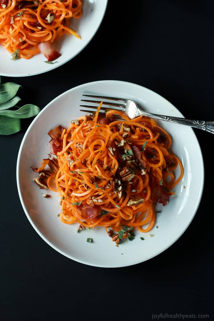 Homemade Sweet Potato Noodles, Brown Butter Sauce, Pecans, and Bacon... what more could you ask for? | www.joyfulhealthyeats.com