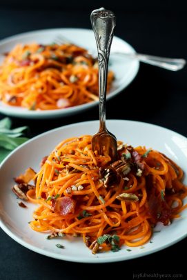 Homemade Sweet Potato Noodles, Brown Butter Sauce, Pecans, and Bacon... what more could you ask for? | www.joyfulhealthyeats.com