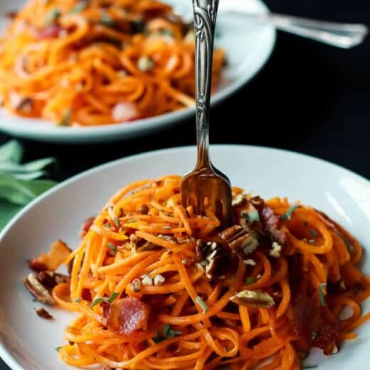 Homemade Sweet Potato Noodles, Brown Butter Sauce, Pecans, and Bacon... what more could you ask for? | www.joyfulhealthyeats.com