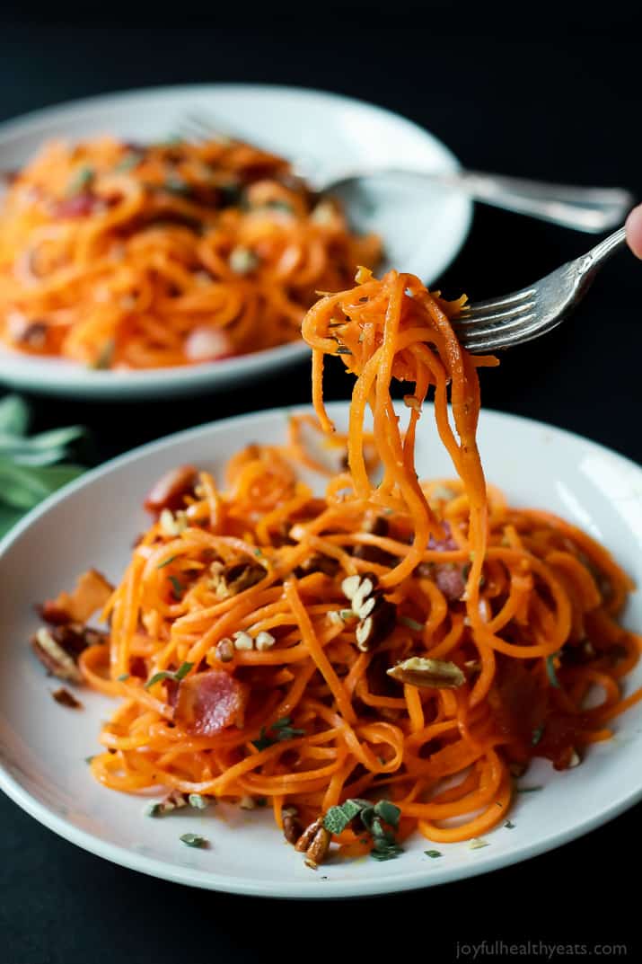 Homemade Sweet Potato Noodles, Brown Butter Sauce, Pecans, and Bacon... what more could you ask for? | www.joyfulhealthyeats.com